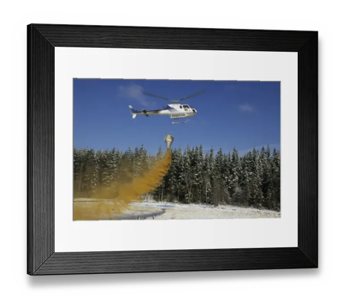 Framed Print : Acid rain, helicopter lime spreading, to reduce acidity in rivers and wetlands, Sweden Framed Print : Acid rain, helicopter lime spreading, to reduce acidity in rivers and wetlands, Sweden