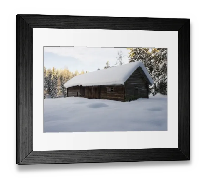 Framed Print : Snow covered wooden barn, Sweden, december