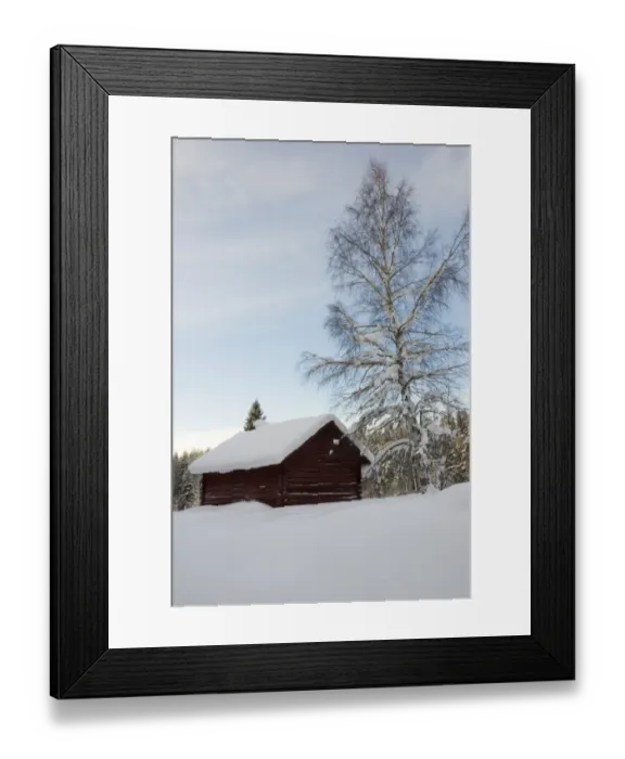 Framed Print : Snow covered wooden barn and birch tree, Sweden, december Framed Print : Snow covered wooden barn and birch tree, Sweden, december