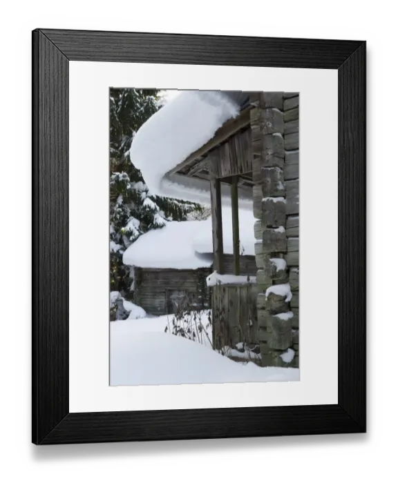 Framed Print : Snow covered wooden barns, Sweden, december