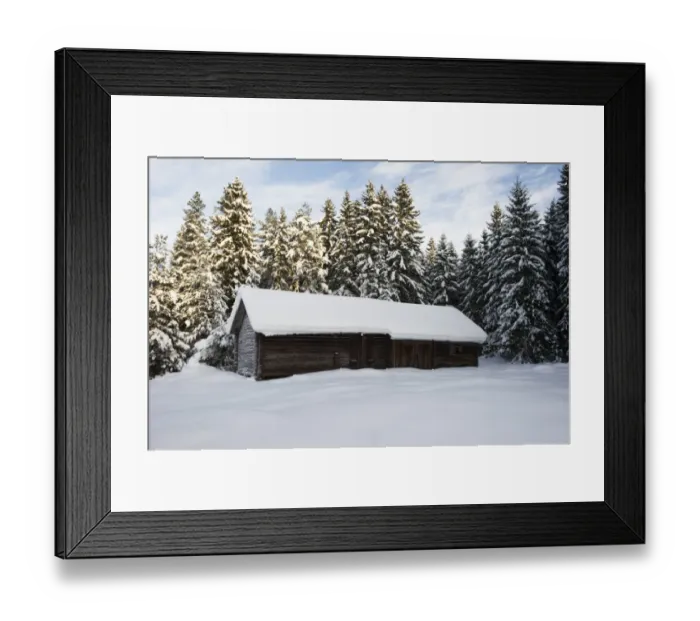 Framed Print : Snow covered wooden barn and conifer trees, Sweden, december Framed Print : Snow covered wooden barn and conifer trees, Sweden, december