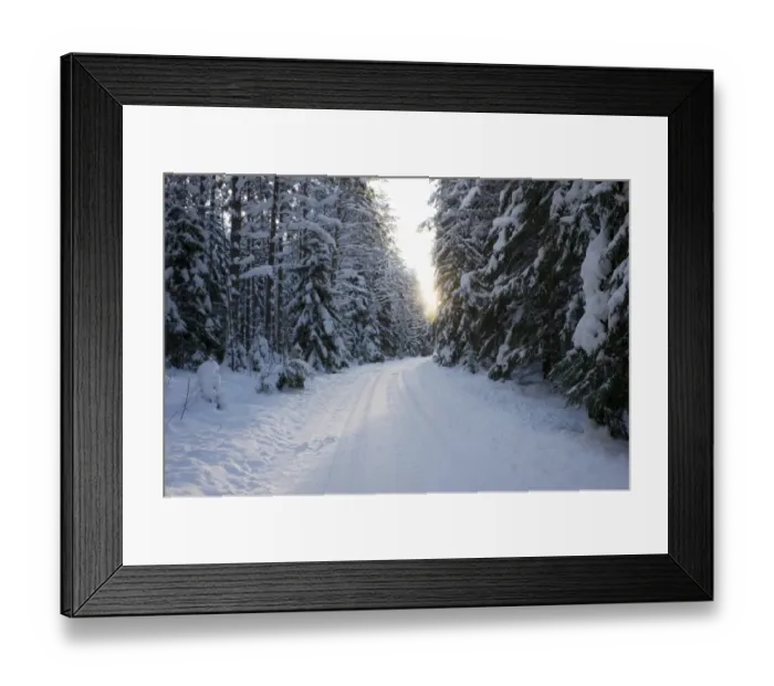 Framed Print : Snow covered road through coniferous forest, Sweden, december Framed Print : Snow covered road through coniferous forest, Sweden, december