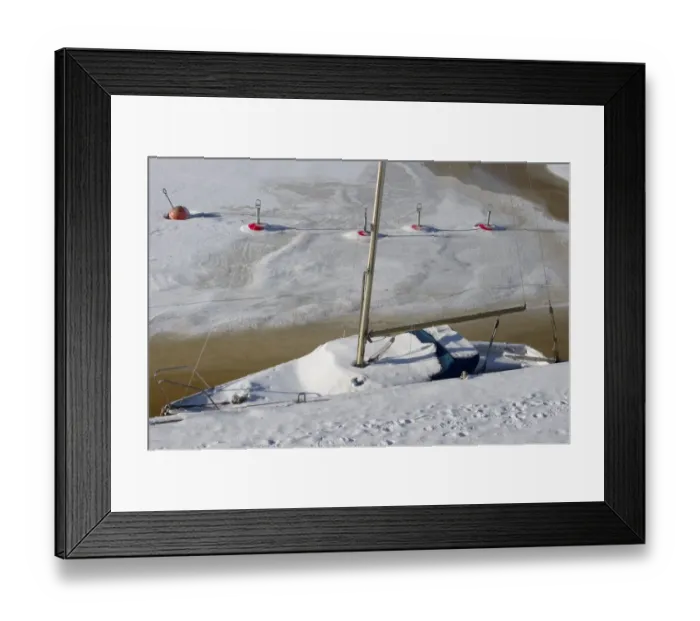Framed Print : Snow covered sailing boat and buoys frozen in ice, Baltic Sea, Sweden, february Framed Print : Snow covered sailing boat and buoys frozen in ice, Baltic Sea, Sweden, february