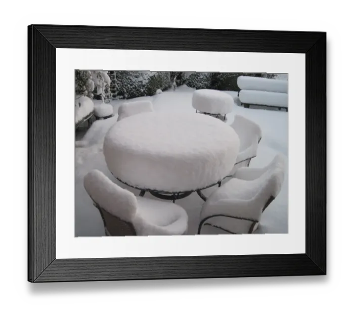 Framed Print : Snow covered garden furniture, Riverhead, Nottinghamshire, England, December Framed Print : Snow covered garden furniture, Riverhead, Nottinghamshire, England, December