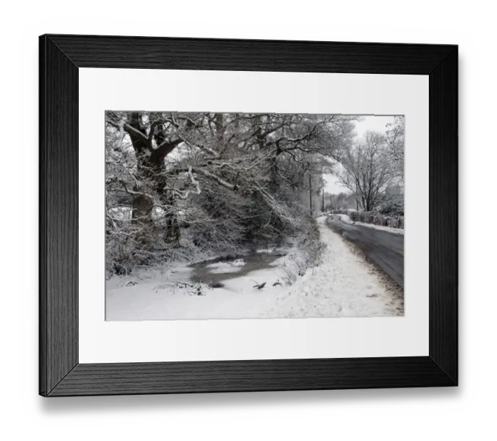 Framed Print : Wayside pond with ice and snow on lane, between Broad Oak and Mayfield, East Sussex, England, January Framed Print : Wayside pond with ice and snow on lane, between Broad Oak and Mayfield, East Sussex, England, January