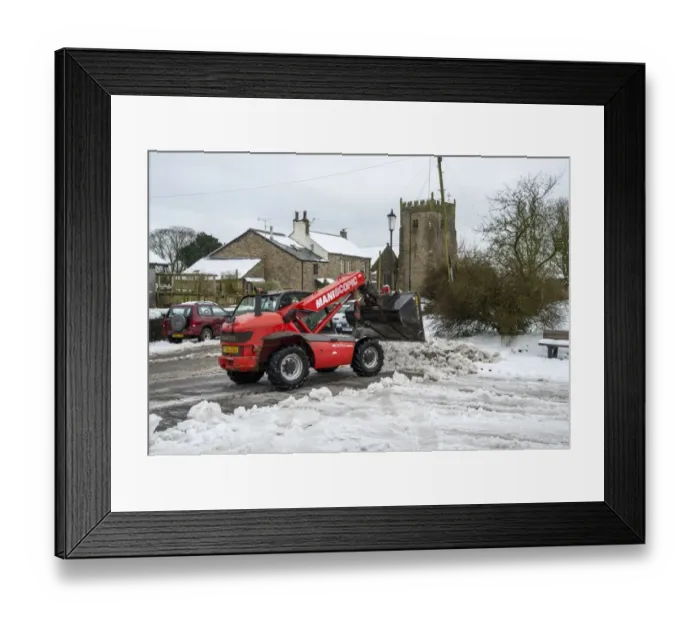 Framed Print : Manitou MLT 523 telehandler clearing snow from road in village, Chipping, Lancashire, England, January Framed Print : Manitou MLT 523 telehandler clearing snow from road in village, Chipping, Lancashire, England, January