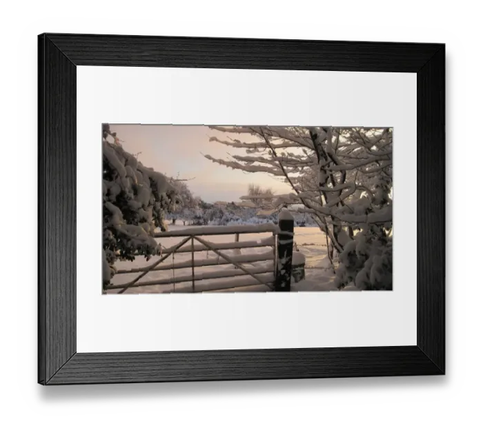 Framed Print : Snow covered gate and trees, Riverhead, Nottinghamshire, England, December Framed Print : Snow covered gate and trees, Riverhead, Nottinghamshire, England, December