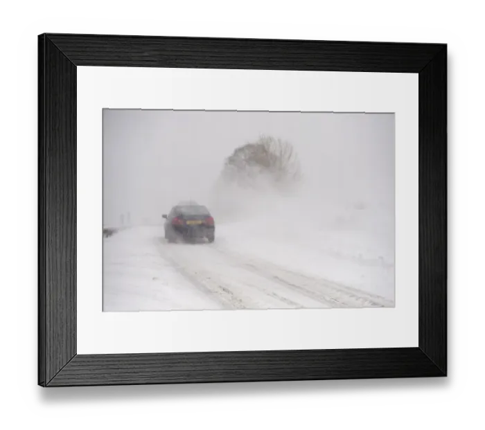 Framed Print : Car travelling along rural road during severe snowstorm, A685, near Ravenstonedale, Cumbria, England, March Framed Print : Car travelling along rural road during severe snowstorm, A685, near Ravenstonedale, Cumbria, England, March
