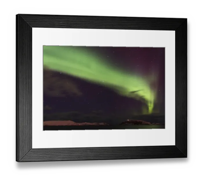 Framed Print : Aurora Borealis, over coastline at night, Hornoya Island, Vardo, Finnmark, Norway, March