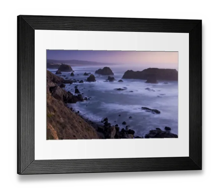 Framed Print : View of offshore rocks and coastline at sunset, Westport, North California, U. S. A. February