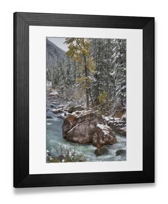 Framed Print : View of river, rocks and forest in snow, Gallatin River Canyon, Montana, U. S. A. October Framed Print : View of river, rocks and forest in snow, Gallatin River Canyon, Montana, U. S. A. October