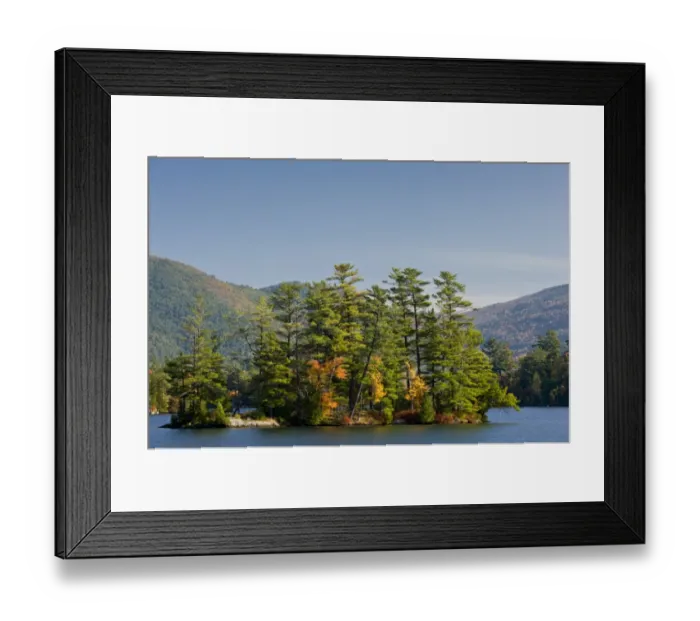 Framed Print : View of island in lake with pines and maples, Lake George, Great Appalachian Valley, Adirondack Mountains Framed Print : View of island in lake with pines and maples, Lake George, Great Appalachian Valley, Adirondack Mountains