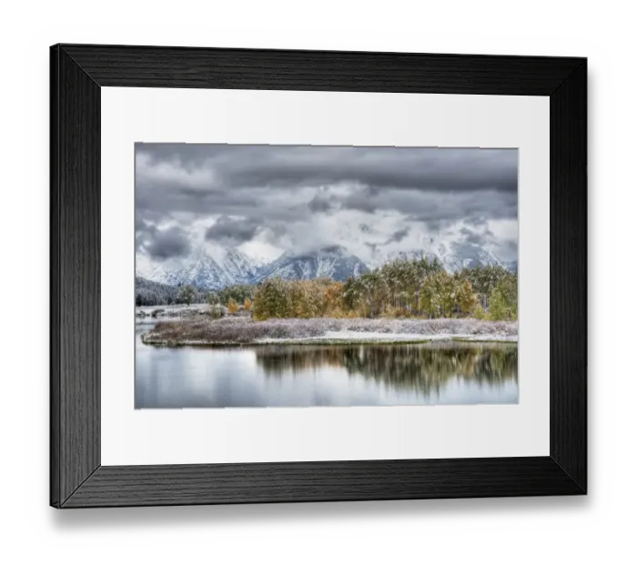 Framed Print : View of mountain range and forested river valley with trees in autumn colour and snow, Oxbow Bend, Grand Teton N. P Framed Print : View of mountain range and forested river valley with trees in autumn colour and snow, Oxbow Bend, Grand Teton N. P