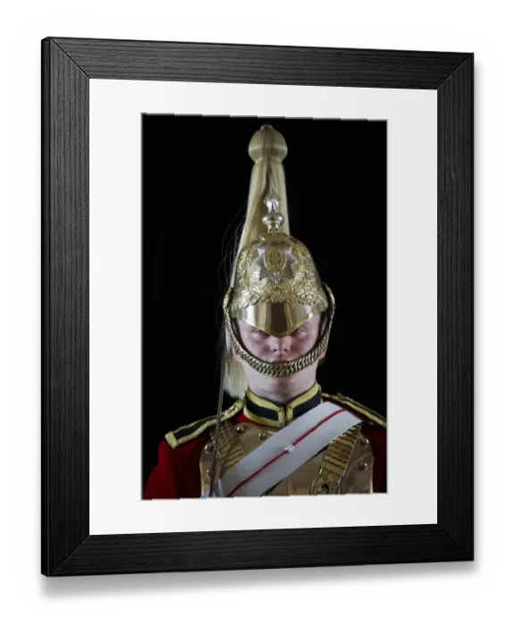 Framed Print : Household Cavalry mounted trooper in ceremonial uniform, Horse Guards, City of Westminster, London, England, april