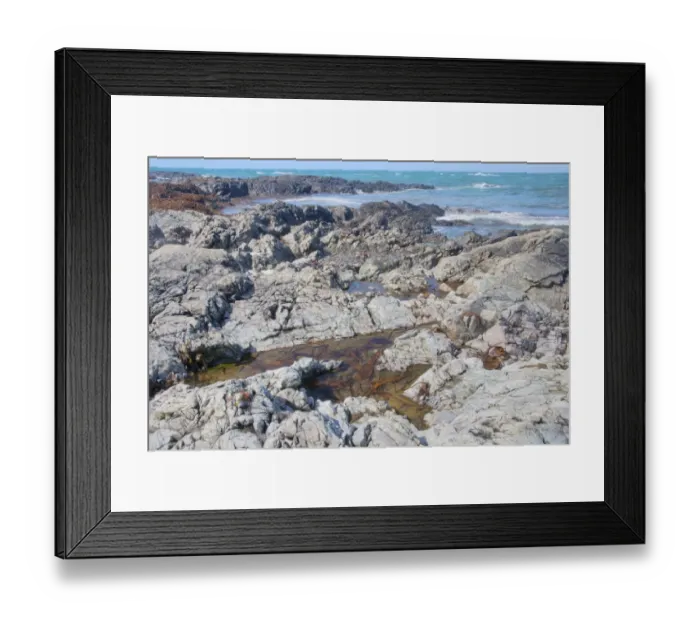 Framed Print : Tidepool on rocky shore at low tide, La Pulec, Jersey, Channel Islands, May