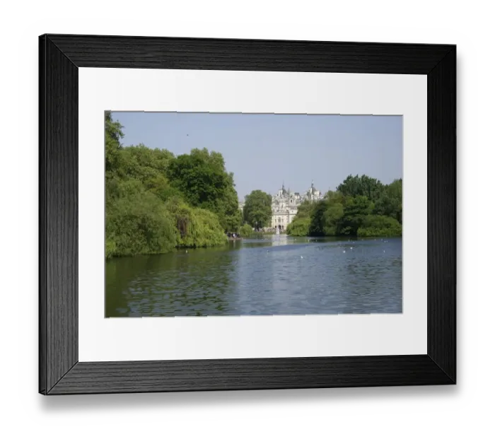Framed Print : View across lake in urban parkland towards Horse Guards, St. Jamess Park Lake, St Framed Print : View across lake in urban parkland towards Horse Guards, St. Jamess Park Lake, St