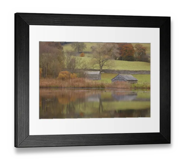 Framed Print : View of boathouse beside lake in autumn, Esthwaite Water, Lake District, Cumbria, England, October