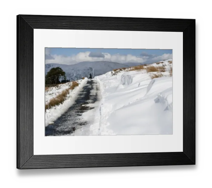 Framed Print : Narrow rural road covered in snowdrift, Cumbria, England, April Framed Print : Narrow rural road covered in snowdrift, Cumbria, England, April