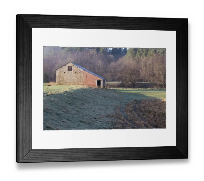 Framed Print : View of out-barn and pasture, Whitewell, Clitheroe, Forest of Bowland, Lancashire, England, January Framed Print : View of out-barn and pasture, Whitewell, Clitheroe, Forest of Bowland, Lancashire, England, January