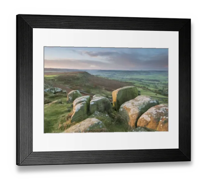 Framed Print : View of gritstone rocks on moorland at sunrise, looking from Curbar Edge towards Baslow Edge, Dark Peak Framed Print : View of gritstone rocks on moorland at sunrise, looking from Curbar Edge towards Baslow Edge, Dark Peak