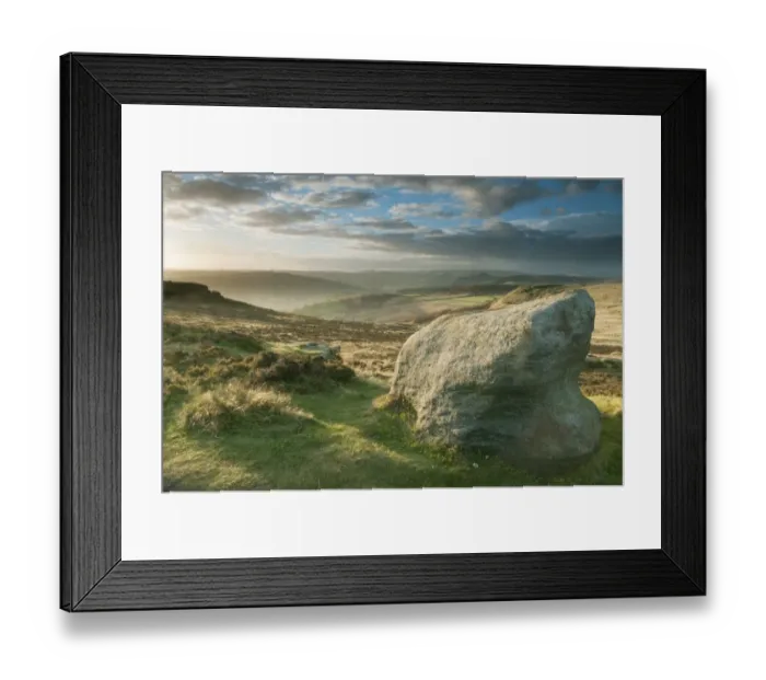 Framed Print : View of gritstone rocks on moorland habitat in evening sunlight, looking from Higger Tor towards Hathersage, Dark Peak Framed Print : View of gritstone rocks on moorland habitat in evening sunlight, looking from Higger Tor towards Hathersage, Dark Peak