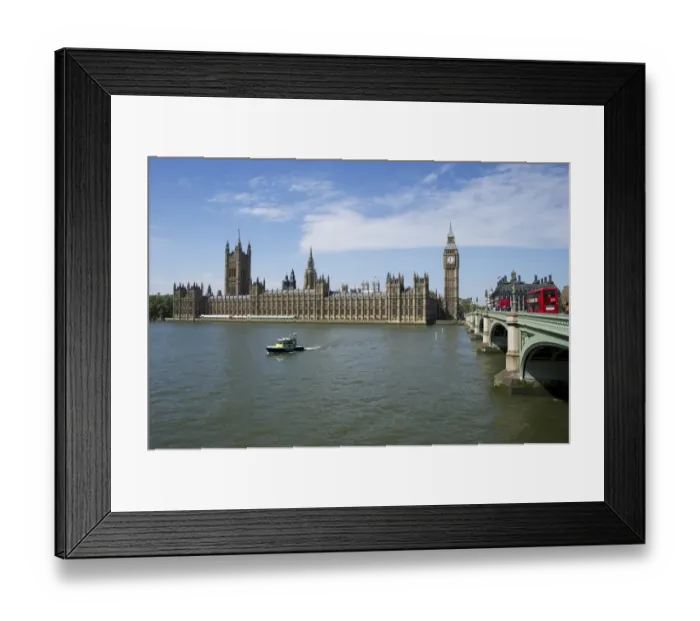 Framed Print : View of river with police patrol boat and bridge in city, Westminster Bridge Framed Print : View of river with police patrol boat and bridge in city, Westminster Bridge