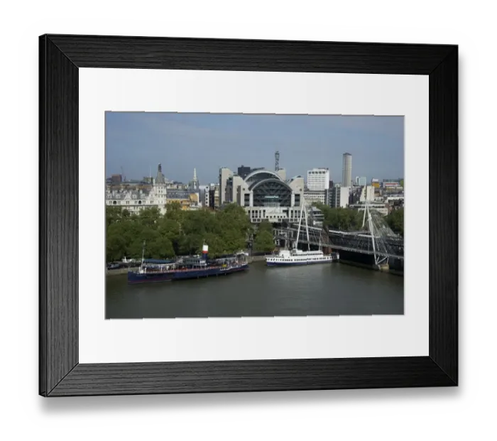Framed Print : View from London Eye of city river with boats and Charing Cross railway station, Hungerford Bridge, River Thames Framed Print : View from London Eye of city river with boats and Charing Cross railway station, Hungerford Bridge, River Thames
