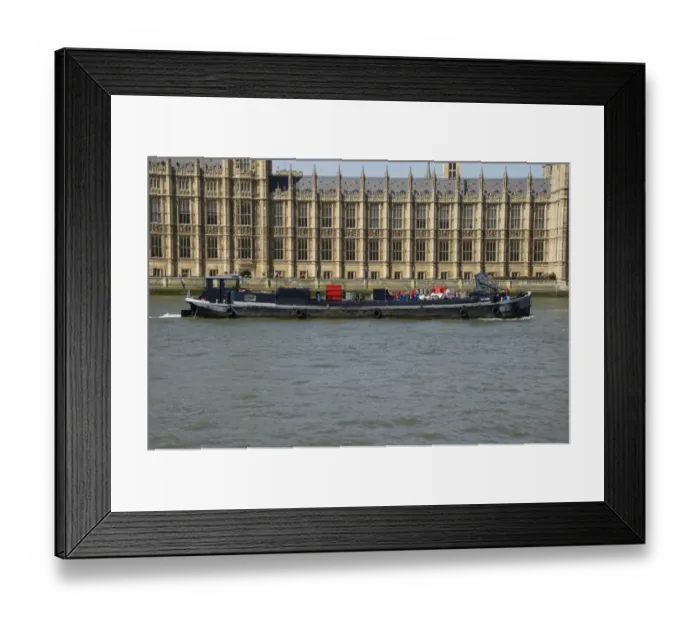 Framed Print : Barge on river beside Palace of Westminster (Houses of Parliament), River Thames, Westminster, London, England, april Framed Print : Barge on river beside Palace of Westminster (Houses of Parliament), River Thames, Westminster, London, England, april