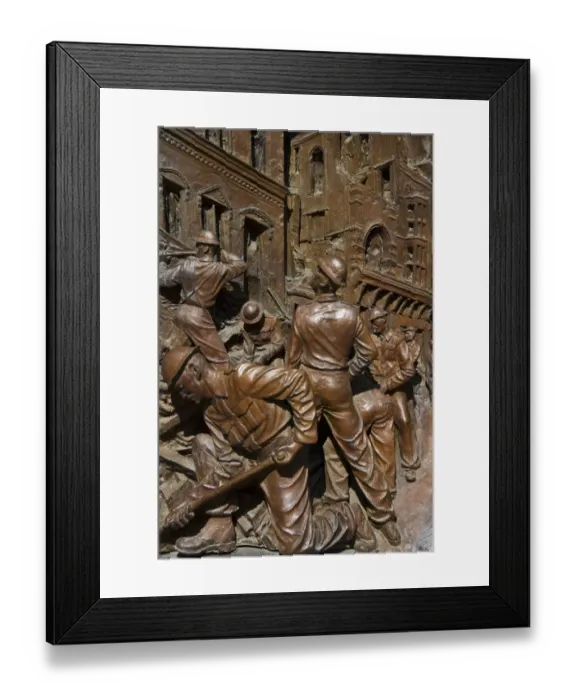 Framed Print : Memorial to Queen Elizabeth The Queen Mother, relief bronze sculpture depicting east end of London during the blitz of Framed Print : Memorial to Queen Elizabeth The Queen Mother, relief bronze sculpture depicting east end of London during the blitz of