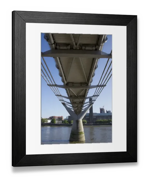Framed Print : Underneath steel suspension footbridge crossing river, Millennium Bridge, River Thames, London, England, april