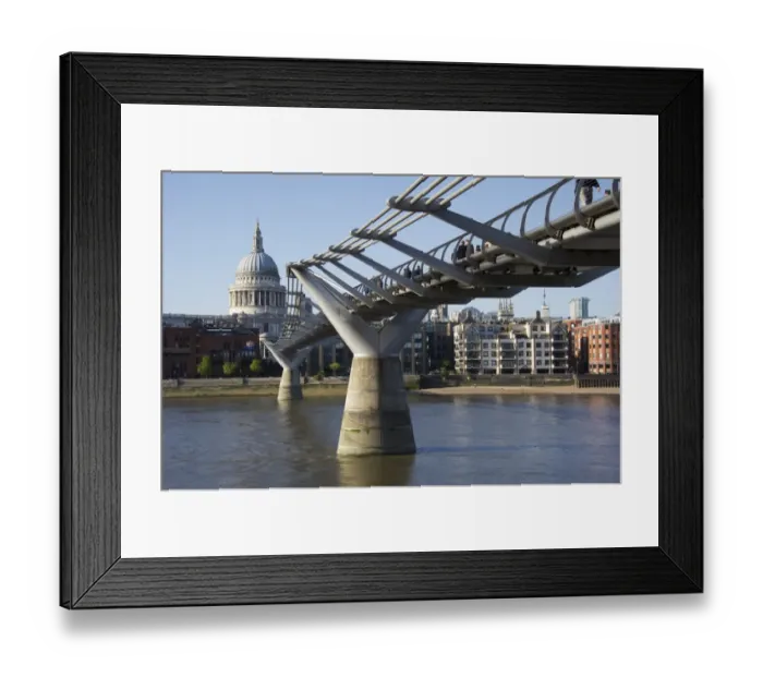 Framed Print : Pedestrians crossing river on steel suspension footbridge, St. Pauls Cathedral in background, Millennium Bridge Framed Print : Pedestrians crossing river on steel suspension footbridge, St. Pauls Cathedral in background, Millennium Bridge