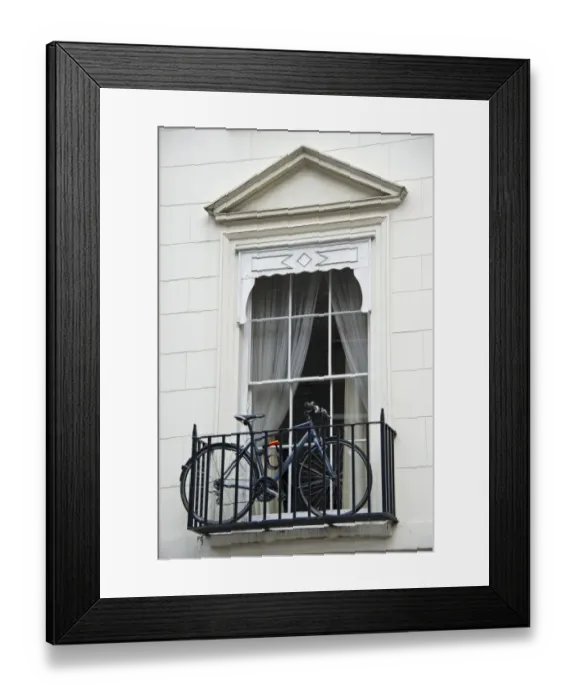 Framed Print : Bicycle on small balcony of city building, London, England, april