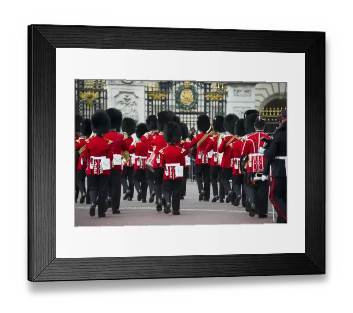 Framed Print : Band of the Welsh Guards guardsmen in ceremonial uniforms, Changing of the Guard outside palace, Buckingham Palace Framed Print : Band of the Welsh Guards guardsmen in ceremonial uniforms, Changing of the Guard outside palace, Buckingham Palace