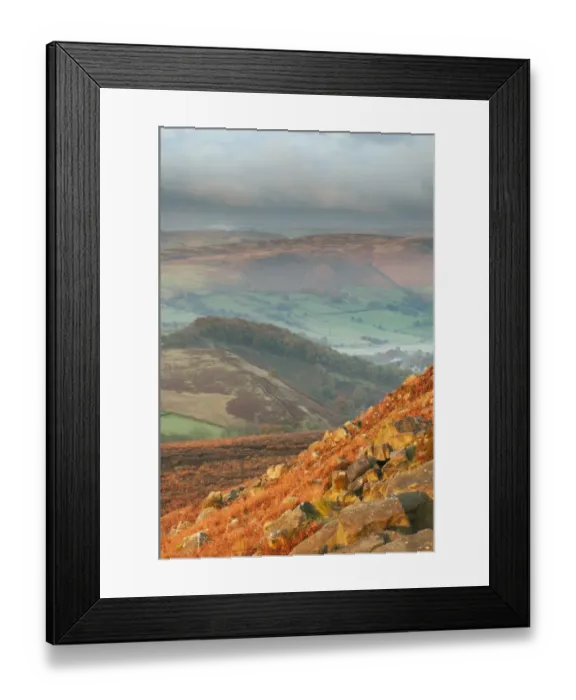 Framed Print : View of rocks and moorland habitat across valley at sunrise, looking from Higger Tor towards Burbage Moor
