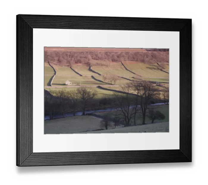 Framed Print : View of river, stone building, drystone walls, bare trees and hillside in evening light, River Wharfe, Kettlewell Framed Print : View of river, stone building, drystone walls, bare trees and hillside in evening light, River Wharfe, Kettlewell