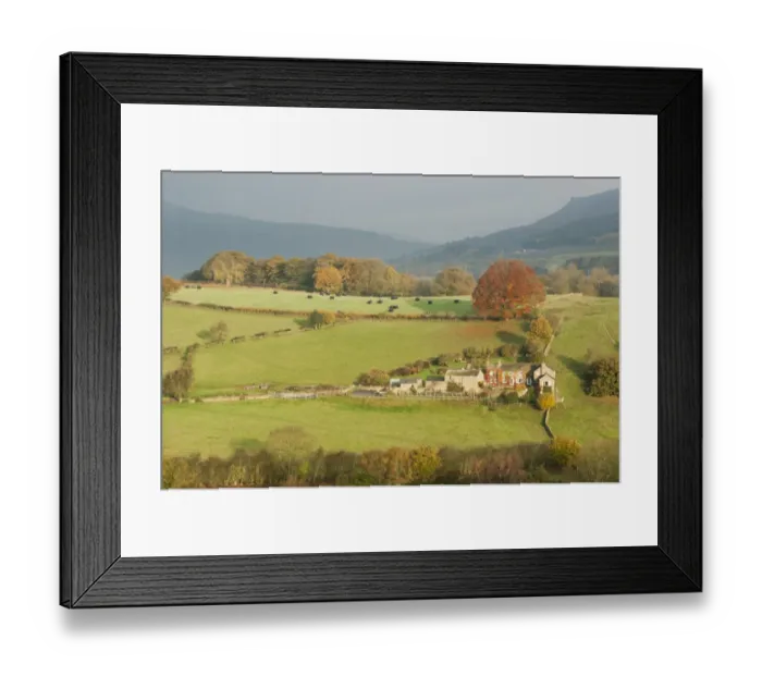 Framed Print : View of farmhouse and pastures on hillside, looking towards Hathersage from Grindleford, Peak District N. P Framed Print : View of farmhouse and pastures on hillside, looking towards Hathersage from Grindleford, Peak District N. P