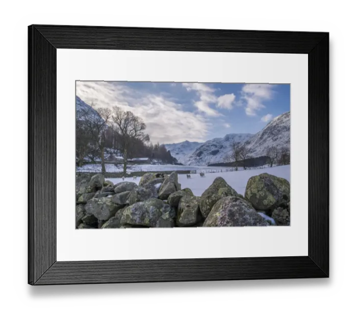 Framed Print : View over drystone wall across snow covered pasture with Swaledale ewes and hills, Grisedale, Lake District, Cumbria Framed Print : View over drystone wall across snow covered pasture with Swaledale ewes and hills, Grisedale, Lake District, Cumbria