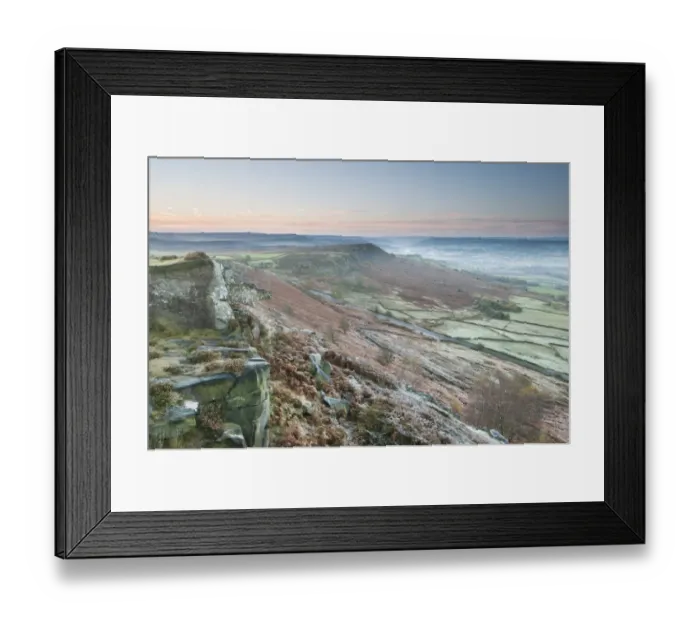 Framed Print : View of rocks and moorland across valley in frost at sunrise, looking from Curbar Edge towards Baslow Edge, Dark Peak Framed Print : View of rocks and moorland across valley in frost at sunrise, looking from Curbar Edge towards Baslow Edge, Dark Peak