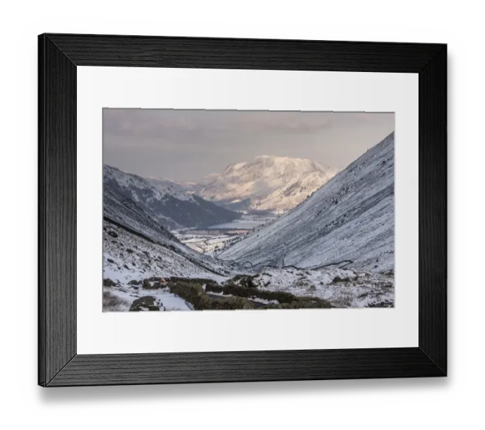 Framed Print : View of upland valley covered in snow, looking towards Brothers Water from Kirkstone Pass, Lake District, Cumbria Framed Print : View of upland valley covered in snow, looking towards Brothers Water from Kirkstone Pass, Lake District, Cumbria