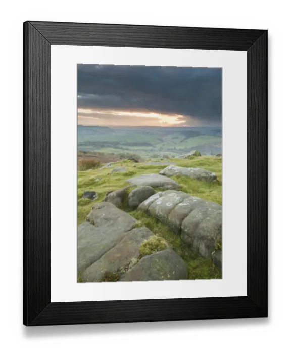 Framed Print : View of rocks and moorland habitat at sunset, looking from Baslow Edge towards Calver, Peak District N. P Framed Print : View of rocks and moorland habitat at sunset, looking from Baslow Edge towards Calver, Peak District N. P