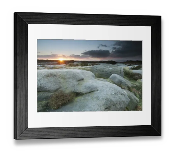 Framed Print : View of gritstone rocks on moorland habitat at sunset, Higger Tor, Dark Peak, Peak District N. P Framed Print : View of gritstone rocks on moorland habitat at sunset, Higger Tor, Dark Peak, Peak District N. P