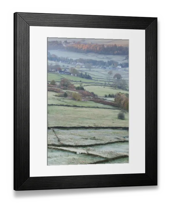 Framed Print : View of drystone walls and pastures with frost, Curbar, Dark Peak, Peak District N. P. Derbyshire, England, November Framed Print : View of drystone walls and pastures with frost, Curbar, Dark Peak, Peak District N. P. Derbyshire, England, November