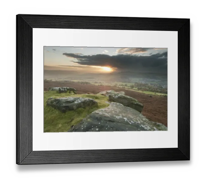 Framed Print : View of rocks and moorland habitat at sunset, looking from Baslow Edge towards Calver, Peak District N. P Framed Print : View of rocks and moorland habitat at sunset, looking from Baslow Edge towards Calver, Peak District N. P