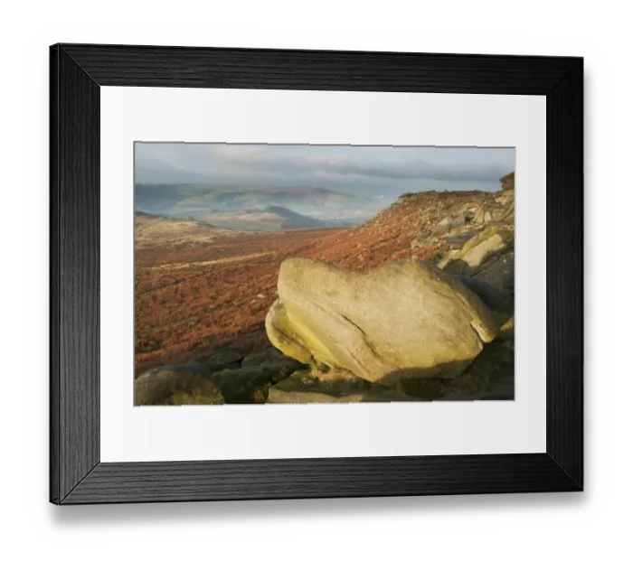 Framed Print : View of rocks and moorland habitat at sunrise, looking from Higger Tor towards Burbage Rocks and Totley Moor Framed Print : View of rocks and moorland habitat at sunrise, looking from Higger Tor towards Burbage Rocks and Totley Moor