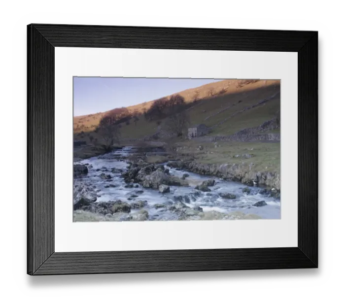 Framed Print : View of river, stone barn, drystone walls and bare trees, upland valley habitat in evening light, River Wharfe Framed Print : View of river, stone barn, drystone walls and bare trees, upland valley habitat in evening light, River Wharfe