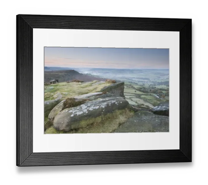 Framed Print : View of rocks and moorland across valley in frost at sunrise, Curbar Gap, Dark Peak, Peak District N. P Framed Print : View of rocks and moorland across valley in frost at sunrise, Curbar Gap, Dark Peak, Peak District N. P