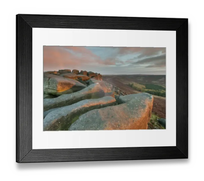 Framed Print : View of rocks and moorland habitat at sunrise, looking from Higger Tor towards Burbage Moor, Peak District N. P Framed Print : View of rocks and moorland habitat at sunrise, looking from Higger Tor towards Burbage Moor, Peak District N. P