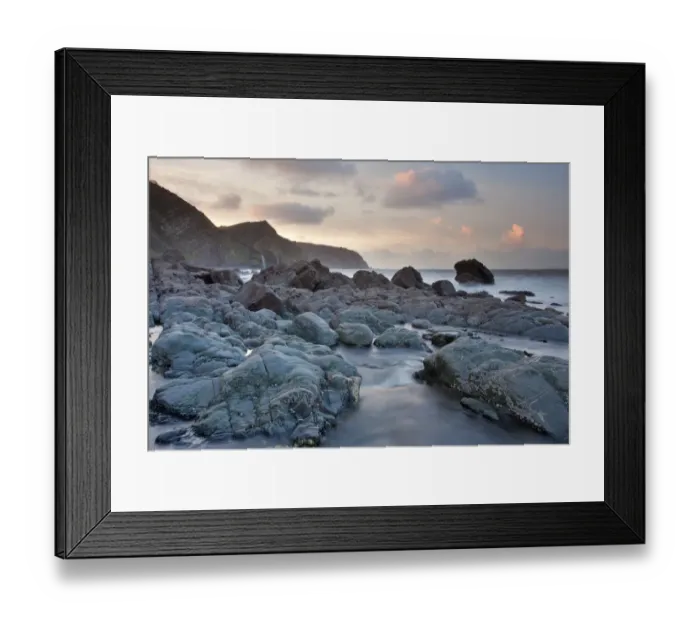 Framed Print : Stream flowing through rocks on beach at sunset, Mouthmill Beach, Windbury Point, North Devon, England, January Framed Print : Stream flowing through rocks on beach at sunset, Mouthmill Beach, Windbury Point, North Devon, England, January