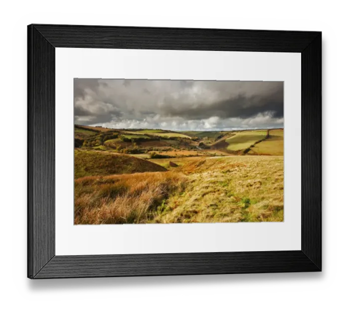 Framed Print : Rainclouds over hills, farmland and river, River Barle, Sherdon Hutchand, near Landacre, Exmoor N. P Framed Print : Rainclouds over hills, farmland and river, River Barle, Sherdon Hutchand, near Landacre, Exmoor N. P