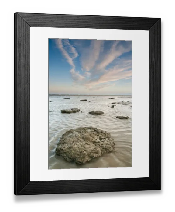 Framed Print : Rocks in pool on beach at sunrise, New Years Day, Reculver, Kent, England, January Framed Print : Rocks in pool on beach at sunrise, New Years Day, Reculver, Kent, England, January